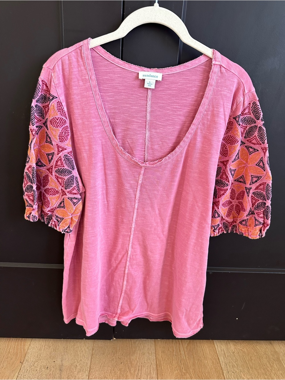 Sundance Pink V-Neck Tee with Embroidered Puff Sleeves